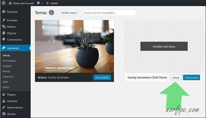 Activar Child theme en WordPress